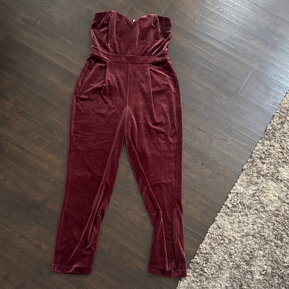 Express Strapless Velvet Jumpsuit in Red